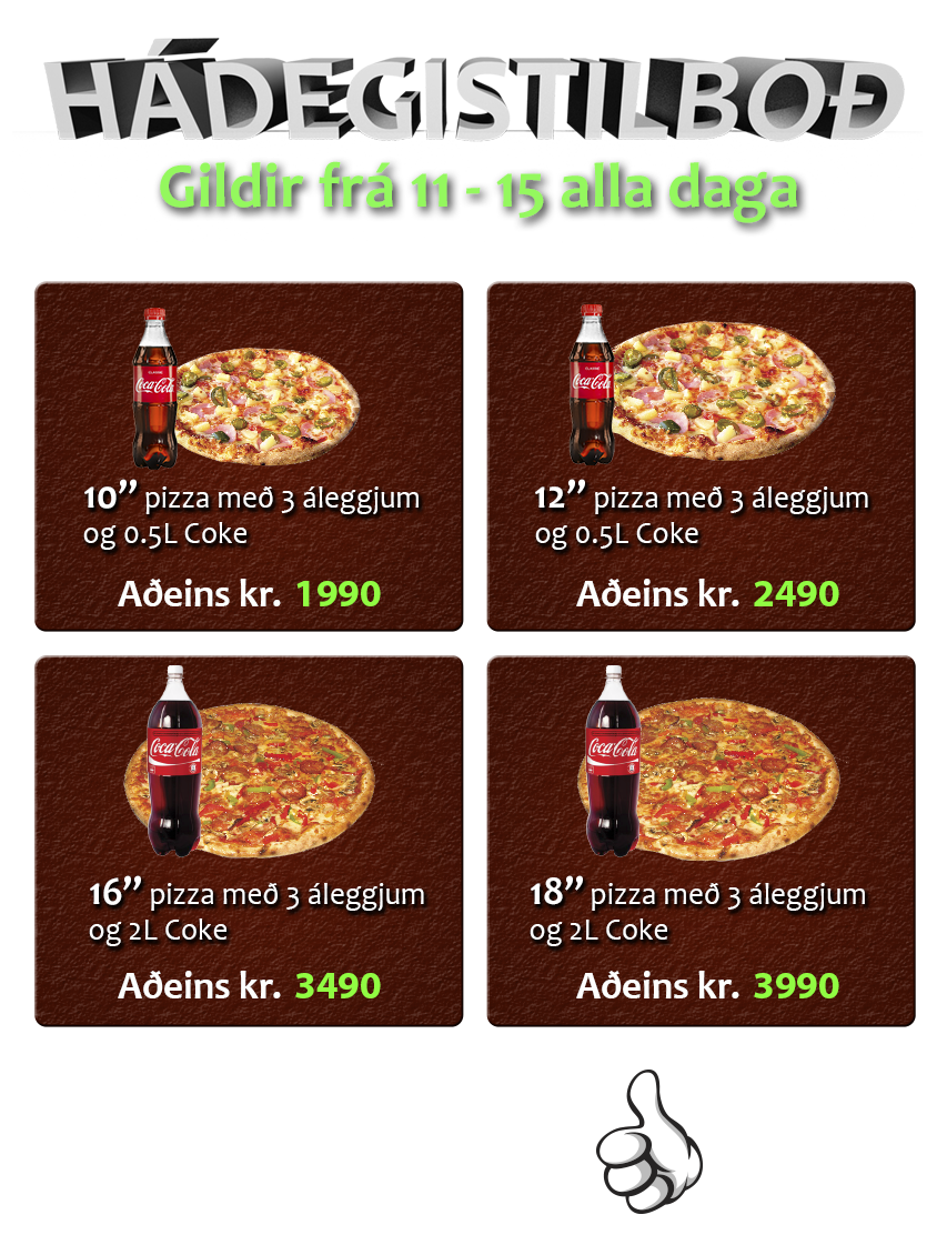 Pizza King hádegistilboð, 10 tommu pizza með 3 áleggjum og hálfur líter af Coke á kr. 1000, gildir frá kl. 11 til kl. 14